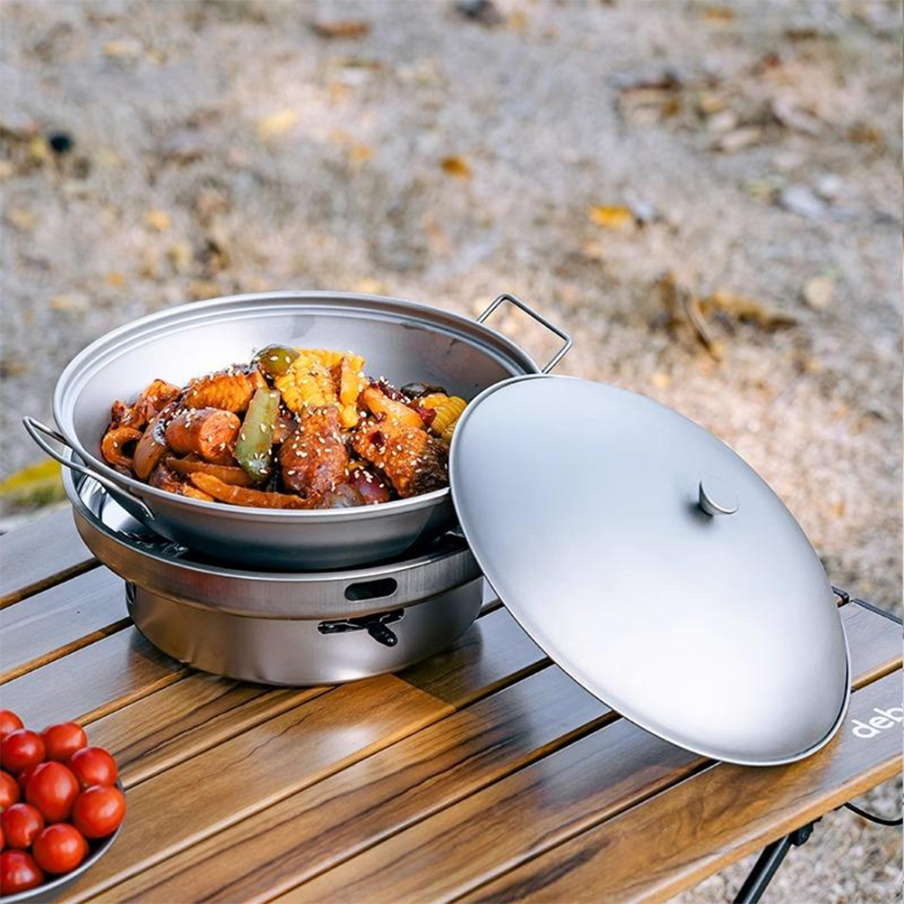 Camping Double Cooking Stove - 1.8L Titanium Wok Pan with Lid