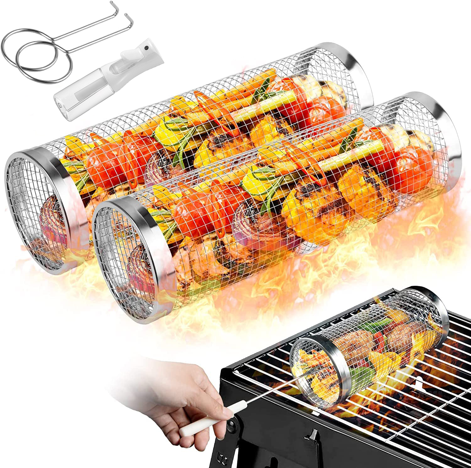Camping Cooking Mesh - 2 Pieces Rolling Grilling Baskets for